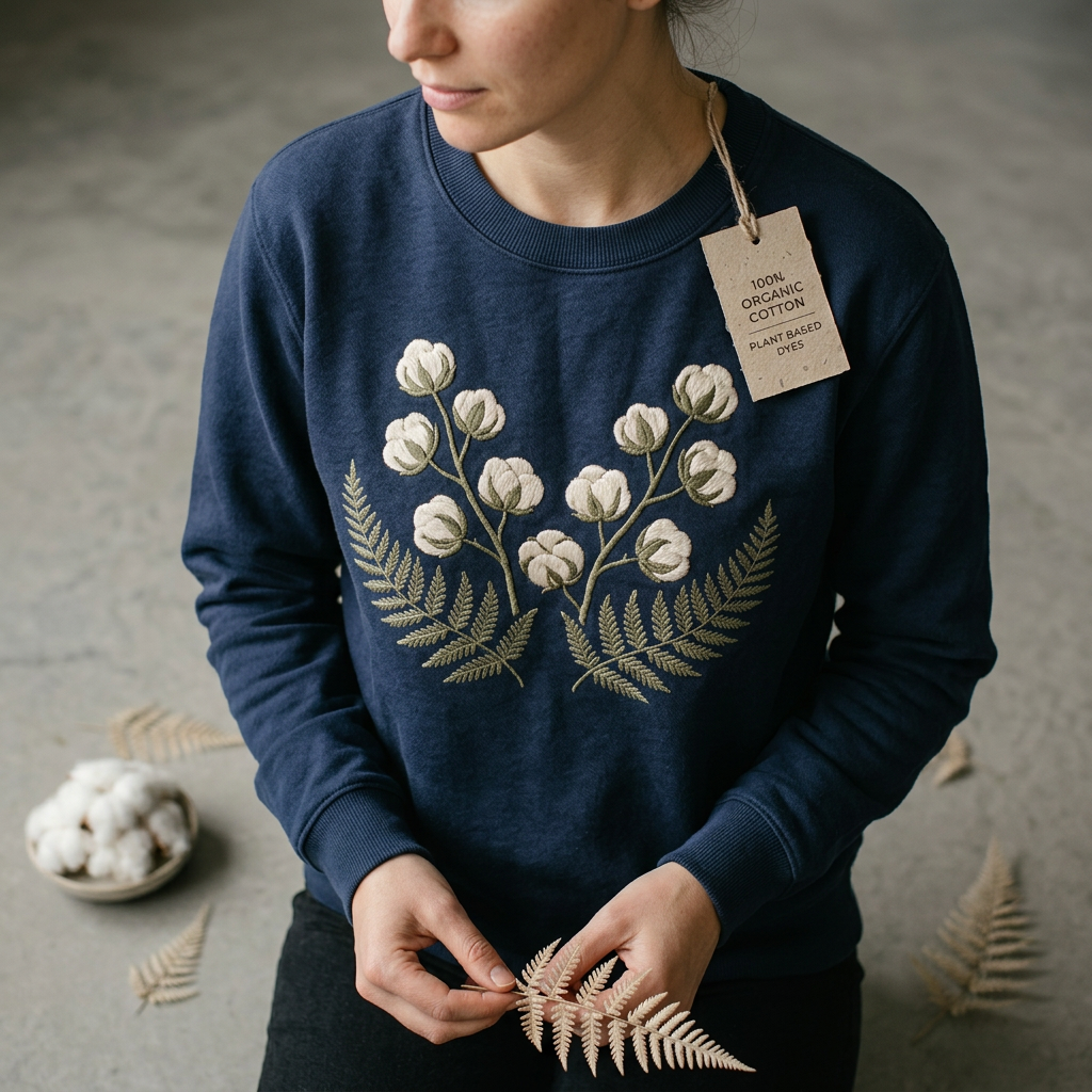 Navy sweatshirt with white cotton plant embroidery and tag reading 100% organic cotton, plant based dyes